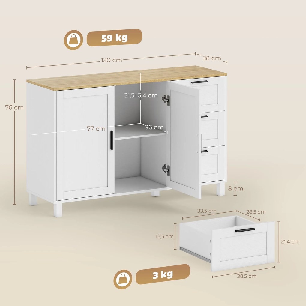 Aparador Moderno para Sala de Estar com 2 Portas e 3 Gavetas Prateleira Ajustável para Sala de Jantar Entrada 120x38x76 cm Branco