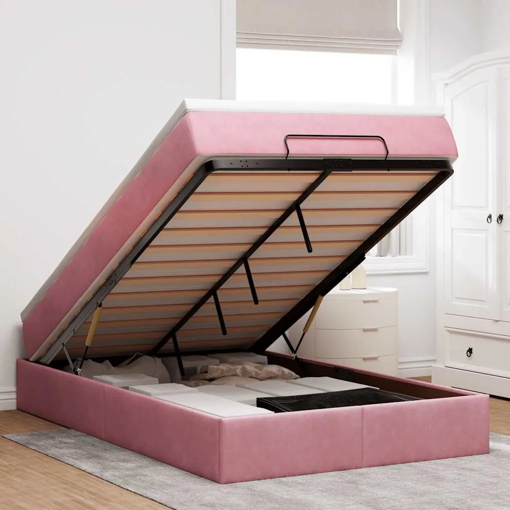 vidaXL Cama otomana com colchão 120x190 cm veludo rosa