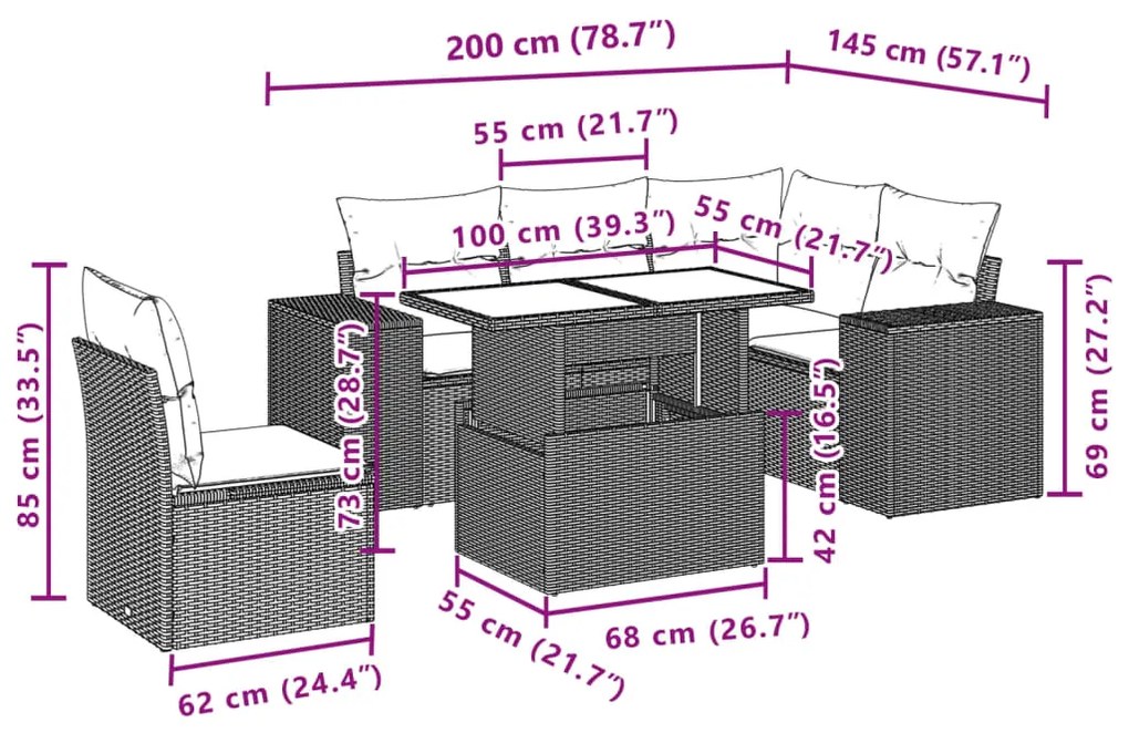 6 pcs conjunto sofás de jardim com almofadões vime cinzento