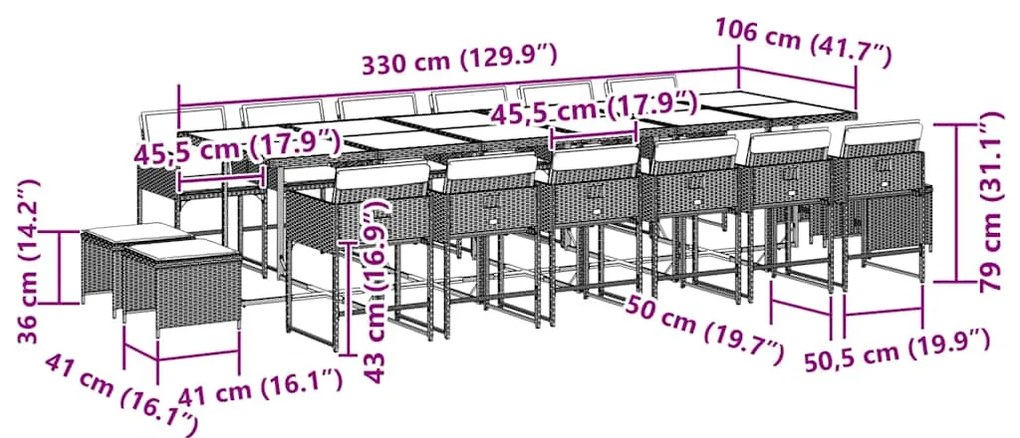 17 pcs conj. de jantar p/ jardim c/ almofadões vime PE cinzento
