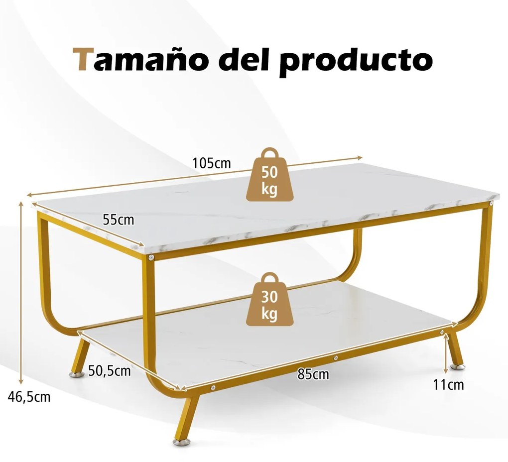 Mesa de centro moderna em mármore com Estante para Sala de Estar Escritório 105 x 55 x 46,5 cm Branco e dourado