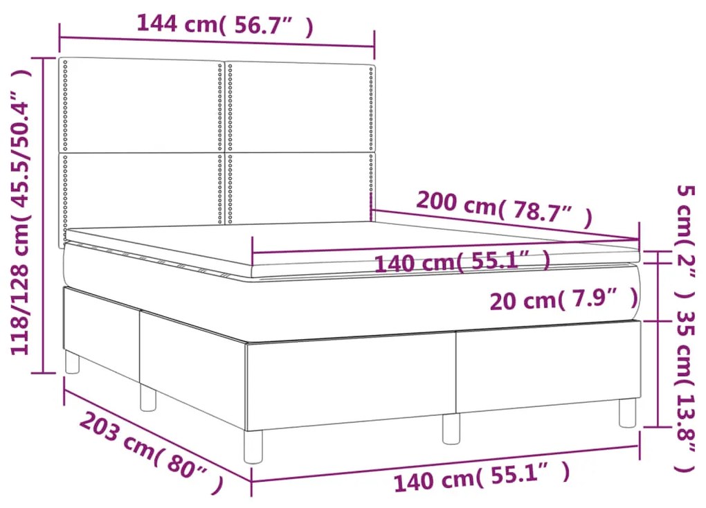 Cama box spring c/ colchão/LED 140x200 cm veludo azul-escuro