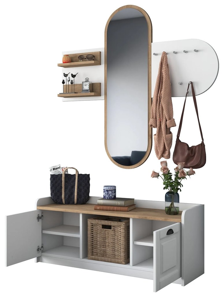 Hall Stand EE101 – Branco e Nogueira – 120x45x40 cm