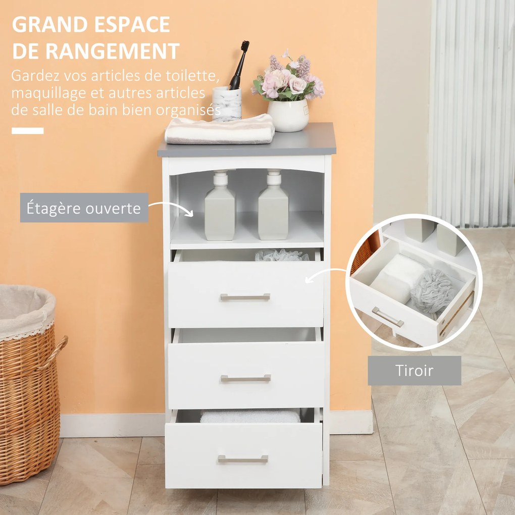 Móvel de casa de banho com pés 40 x 33 x 80 cm, móvel de arrumação com 3 gavetas e 1 compartimento aberto, branco