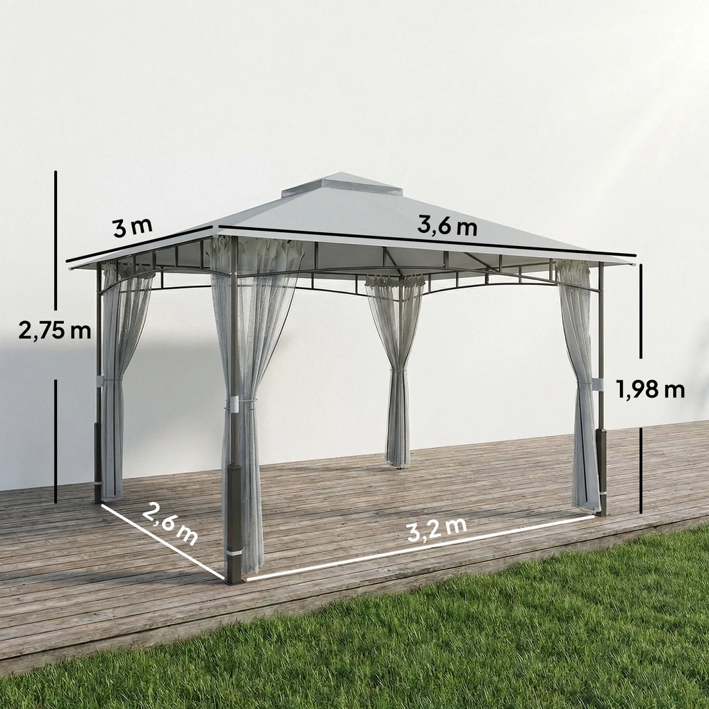 Carpa para Jardim com Telhado Duplo Gazebo com Paredes de Rede UPF50+ para Exterior Terraço 360x300x275 cm Cinzento