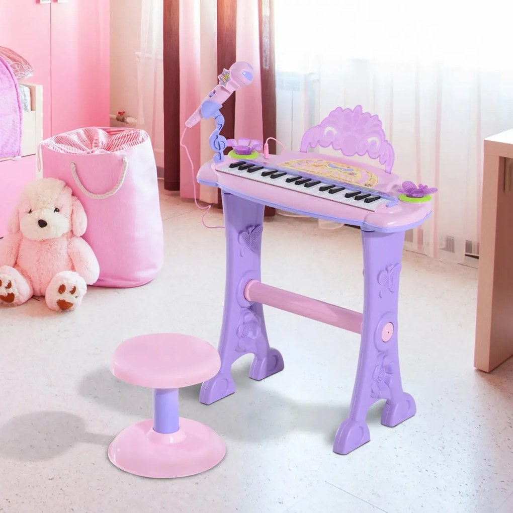 Piano Eléctrico Infantil 32 Teclas Piano Infantil com Microfone Banquinho Luzes Ritmos Sons MP3 Karaoke Rosa