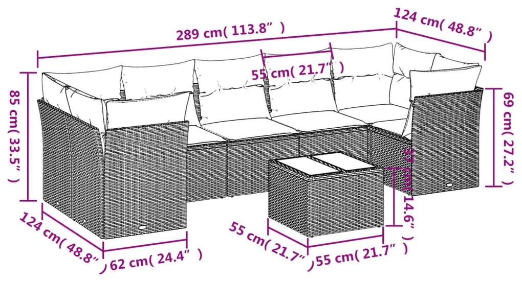 8 pcs conjunto sofás de jardim c/ almofadões vime PE castanho