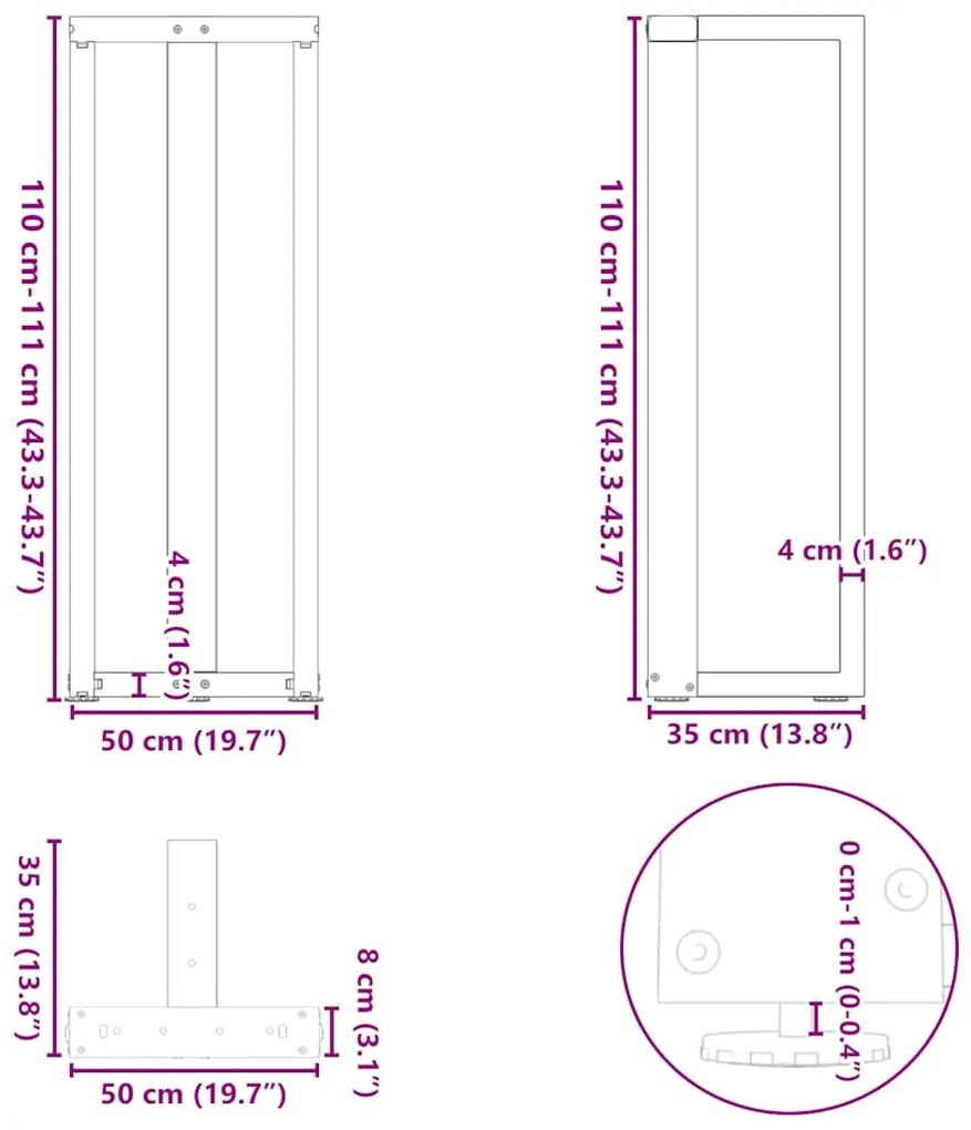 Pés de mesa de bar em forma de T, 2 peças, preto, 50x35x(110-111) cm,