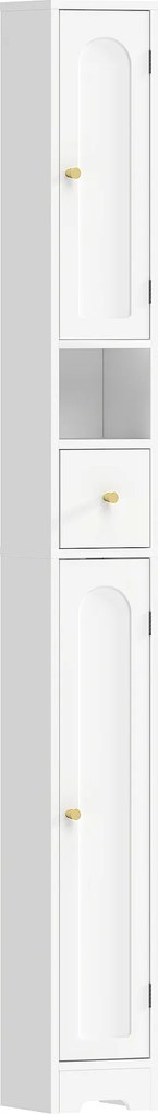 HOMCOM Armário para banheiro armário estreito com gaveta portas arqueadas compartimento aberto prateleira ajustável 20x20x185 cm Branco | Aosom Portugal