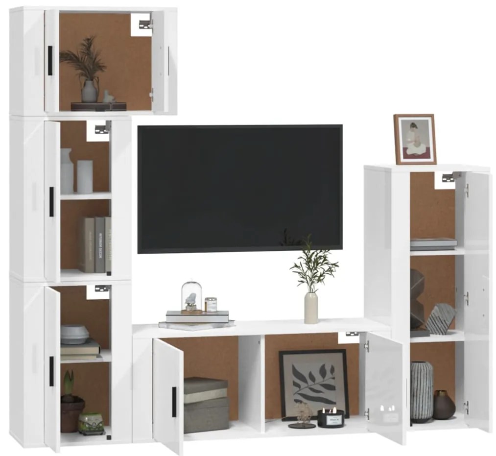 5 pcs conjunto móveis de TV madeira processada branco brilhante