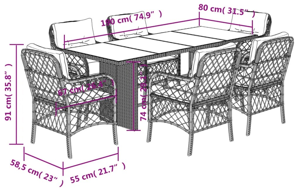 7 pcs conj. jantar p/ jardim c/ almofadões vime PE cinza-claro