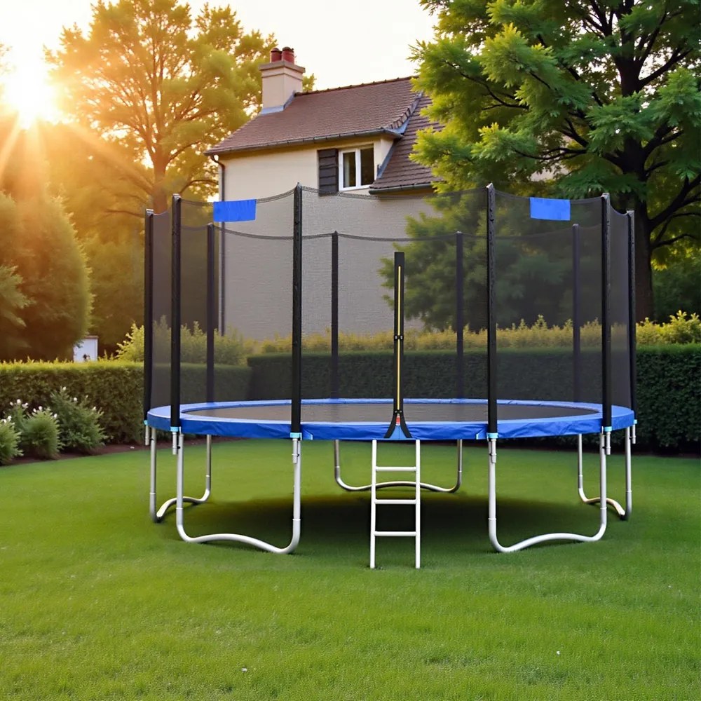 Trampolim para crianças 427 cm, de jardim, com rede de segurança e Escada Azul