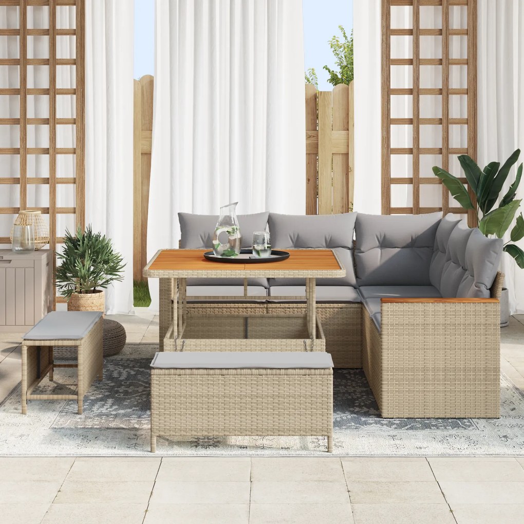 Conjunto de Sofá de Jardim de 8 Peças com Almofadas Bege Vime Acácia