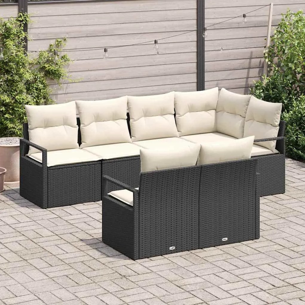 Conjunto de Sofá Jardim vidaXL de 7 Peças com Almofadas Preto Rattan P