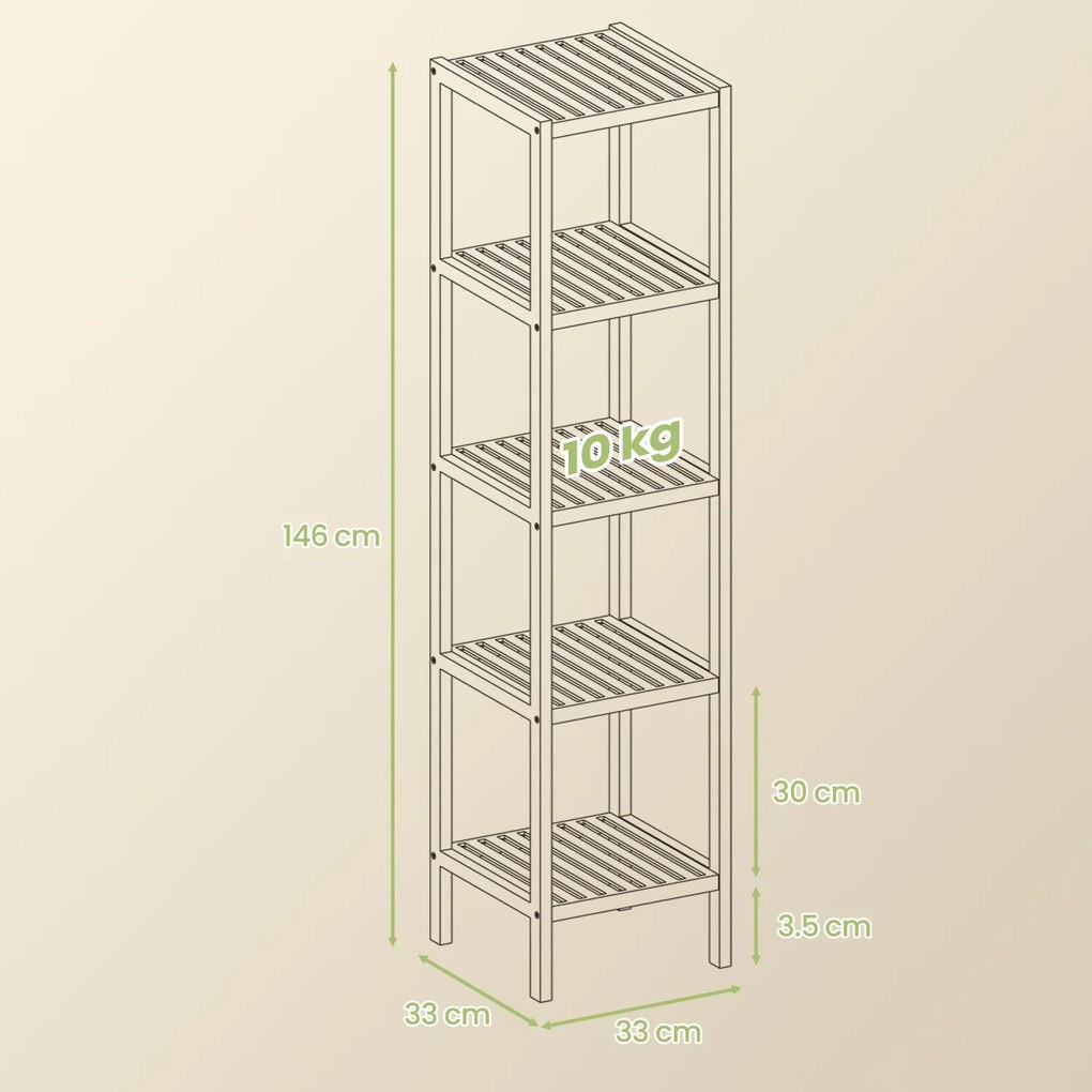 Estante para casa de banho com 5 prateleiras 33 x 33 x 146 cm branco nuvem-bege natural