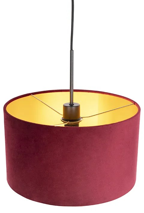Candeeiro de suspensão preto com abajur de veludo vermelho e dourado 35 cm - Combi Clássico / Antigo