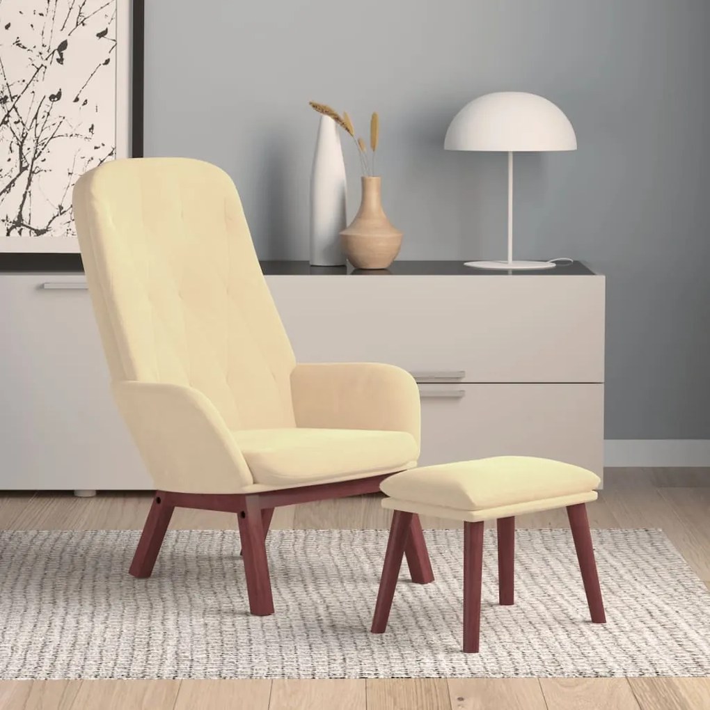 vidaXL Cadeira de descanso com banco p/ pés veludo branco nata