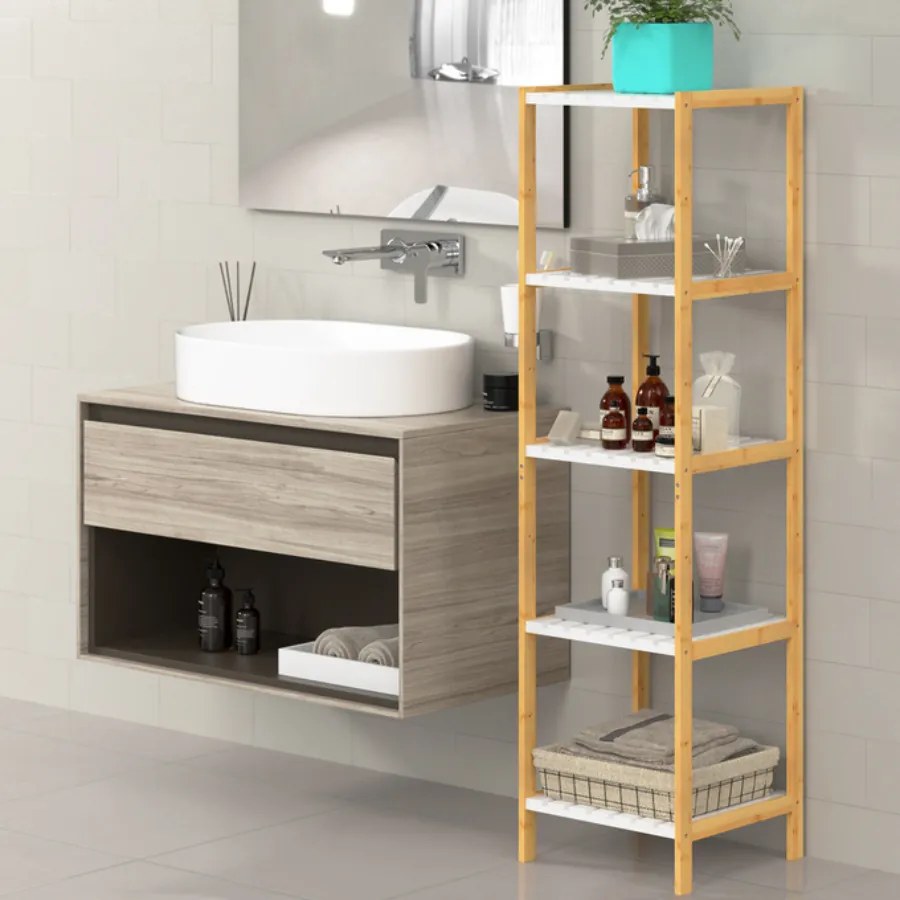 Estante de banheiro em bambu 140 x 33 x 34 cm Castanho + Branco