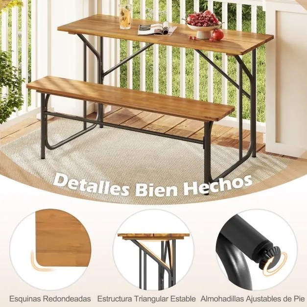 Conjunto jardim 2 Pessoas Mesa de Piquenique Unilateral com banco 2 Lugares Madeira Acacia e Pernas de Metal Natural