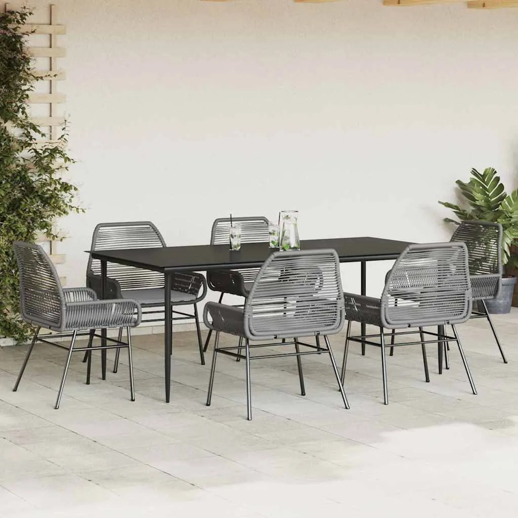 Conjunto jantar jardim 7 peças almofadas vidro vime cinzento PE