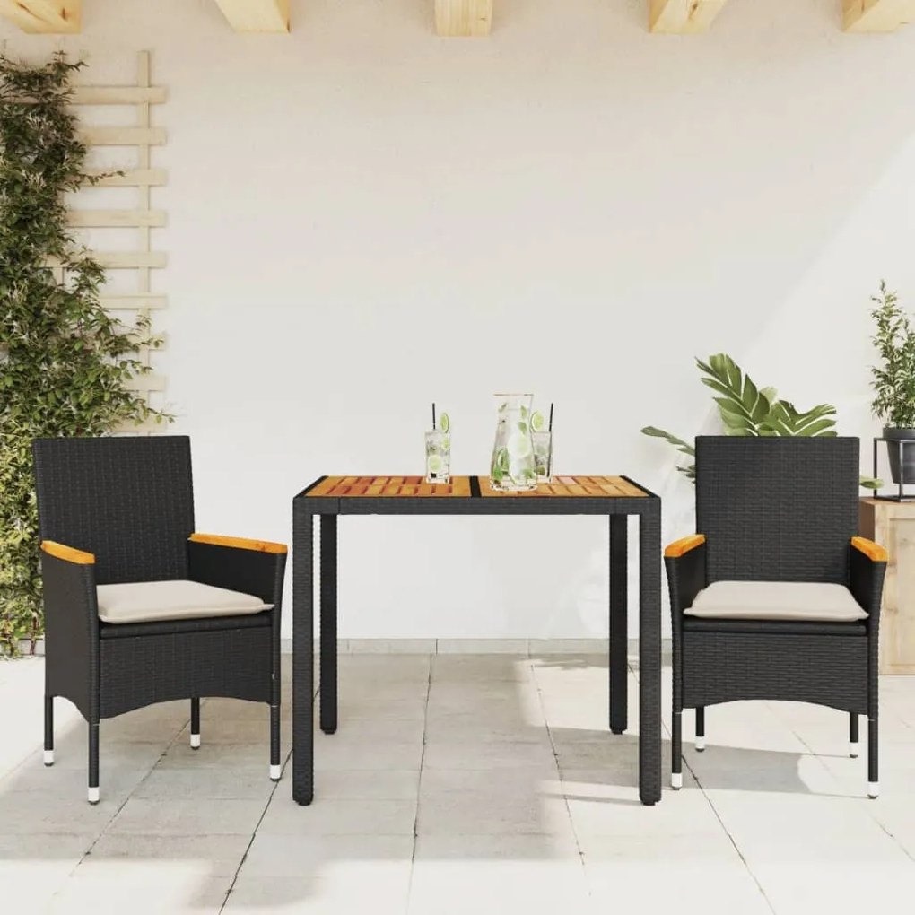 vidaXL 3 pcs conjunto jantar jardim c/ almofadões vime PE/acácia preto
