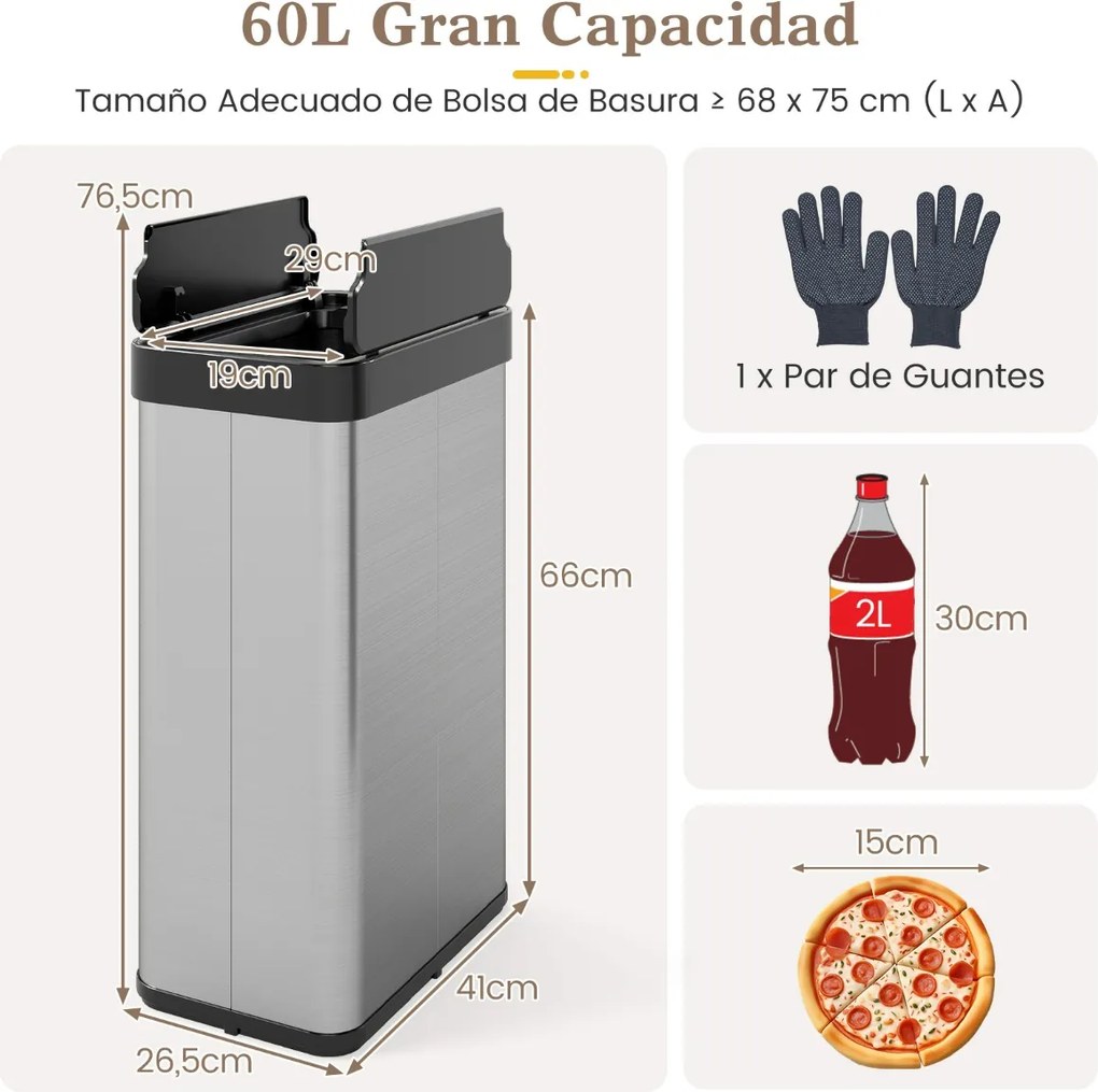 Caixote do lixo 41 x 26,5 x 66 cm de 60 L com tampas basculantes automático com sensor de movimento por infravermelhos prateado