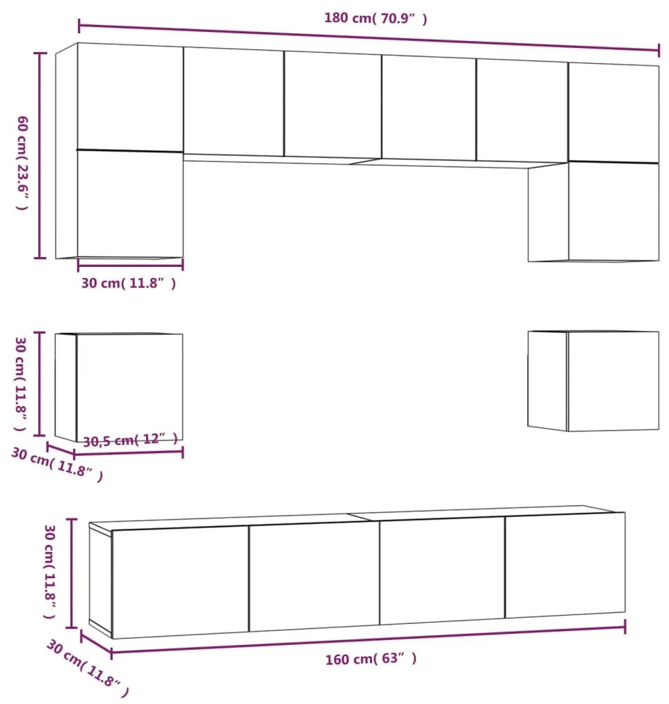 Conjunto móveis de TV 8 pcs madeira processada cinzento cimento