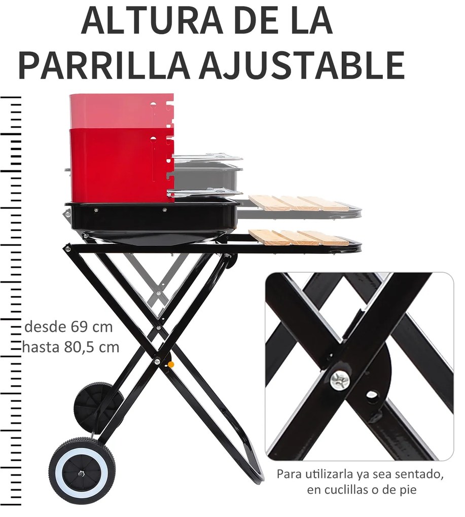 Outsunny Churrasqueira a carvão portátil e dobrável com 2 rodas Churrasqueira com Altura Ajustável para Camping Picnic Beach 57x64x83 cm Vermelho e Preto