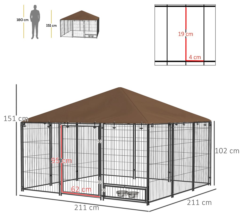 Canil para Cães com Toldo Canil para Exterior com Suporte Giratório para Comida 2 Tigelas 211x211x151 cm Preto e Castanho