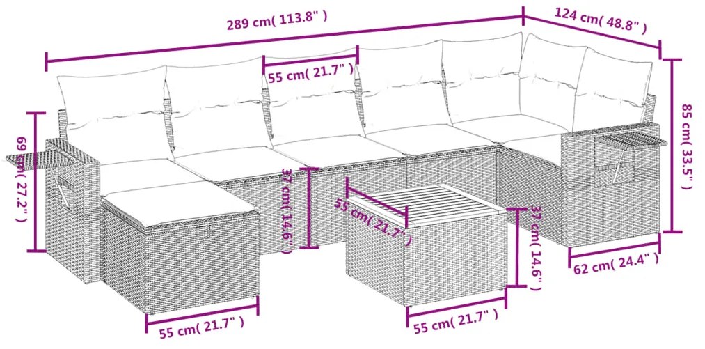 8 pcs conjunto sofás de jardim com almofadões vime PE preto