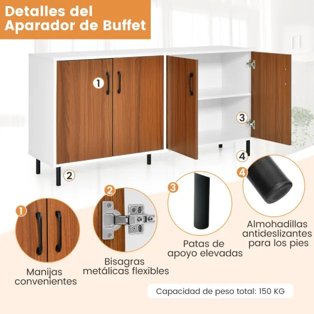 Aparador Buffet para Sala com Armário de Serviço Buffet 4 Portas e Estrutura de 5 Pernas para Cozinha Sala 148 x 40 x 75,5cm Nogueira e branco