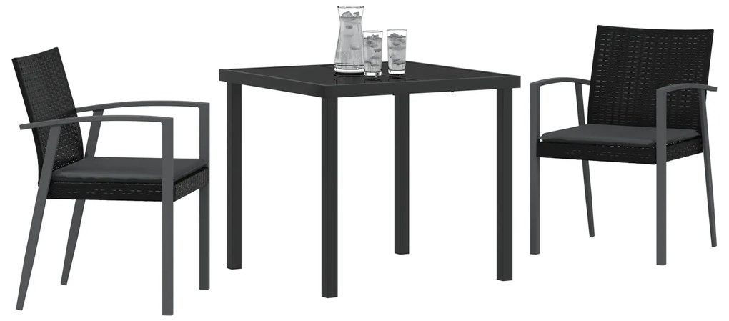 Conjunto de Jantar de Jardim 3 Peças com Almofadas Pretas Rattan Sinté