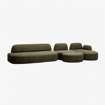 Sofá Modular Chaise Longue Direito De 3 Peças Com Módulo De Canto E Puff Estofado Giorgia Tecido Verde Exército - Sklum