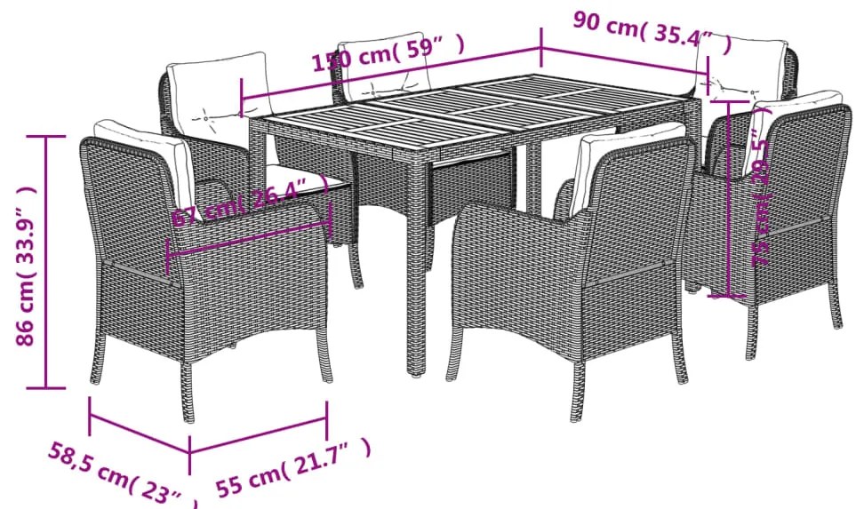 7 pcs conjunto de jantar p/ jardim c/ almofadões vime PE cinza