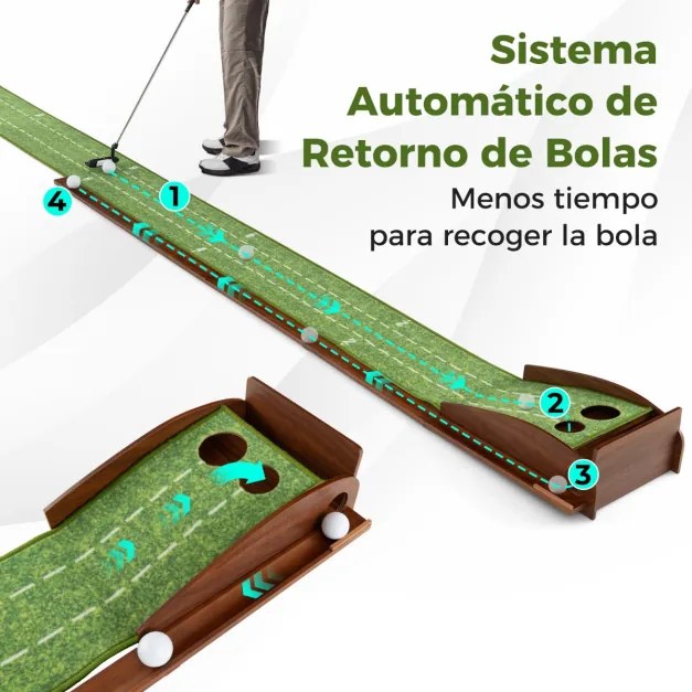 Tapete de golfe com 2 tamanhos de buracos Ajuda à prática com retorno automático da bola 302 x 32 x 32 x 15 cm