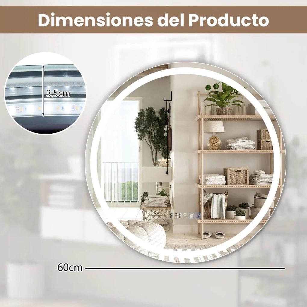 Espelho de casa de banho redondo com luz LED Brilho continuamente ajustável 3 temperaturas de cor Função anti-embaciamento e de memória 60 x 60 cm