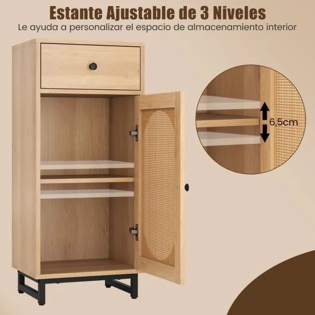 Armario arrumação de rattan PE com gaveta deslizante Porta de rattan PE Suporte metálico com pernas ajustáveis para sala de estar Quarto Hall de entra