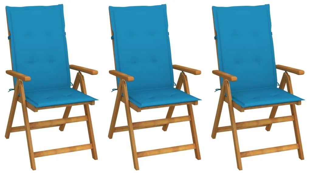 vidaXL Cadeiras de jardim dobráveis c/ almofadões 3 pcs acácia maciça