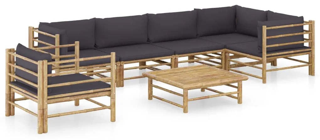 vidaXL 7 pcs conj. lounge jardim em bambu c/ almofadões cinza-escuro