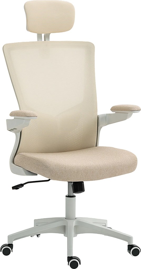 Cadeira de escritório ergonómica, cadeira de escritório, braços rebatíveis, apoio lombar, apoio para a cabeça, 60x63x120 cm, bege