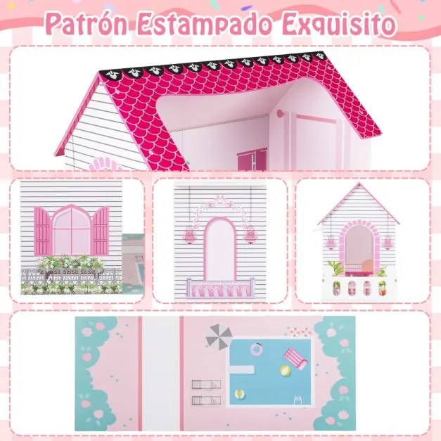 Casa de bonecas de madeira 74,5 x 34 x 120,5 cm com 18 peças de mobiliário e escada rosa