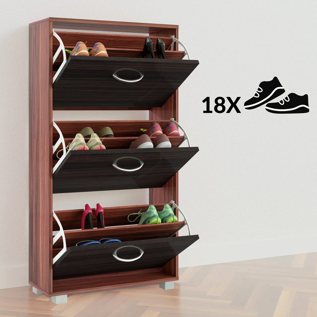 Sapateira com 3 gavetas espaçosas 115 x 61 x 24 cm Preto + Castanho