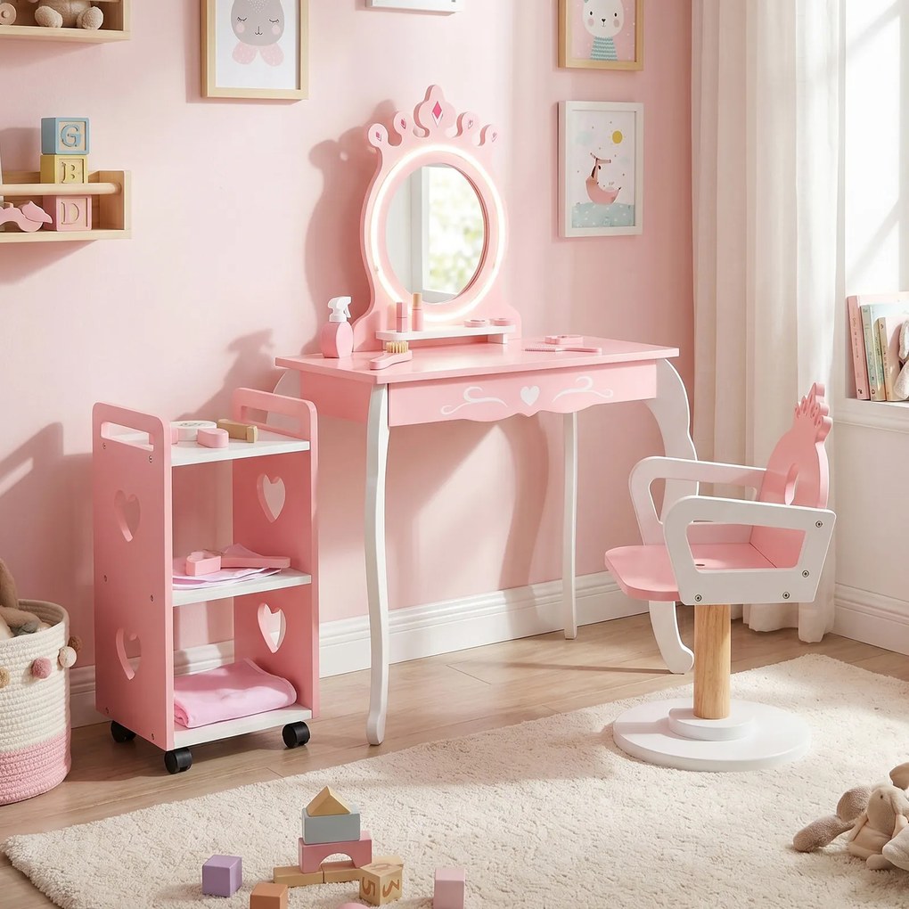 Conjunto de Toucador Infantil com Cadeira e Carrinho Auxiliar, 63 x 35 x 98 cm, Espelho com Iluminação LED de Três Tons, Rosa