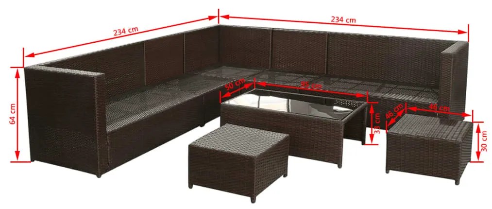 8 pcs conjunto lounge jardim c/ almofadões vime PE castanho