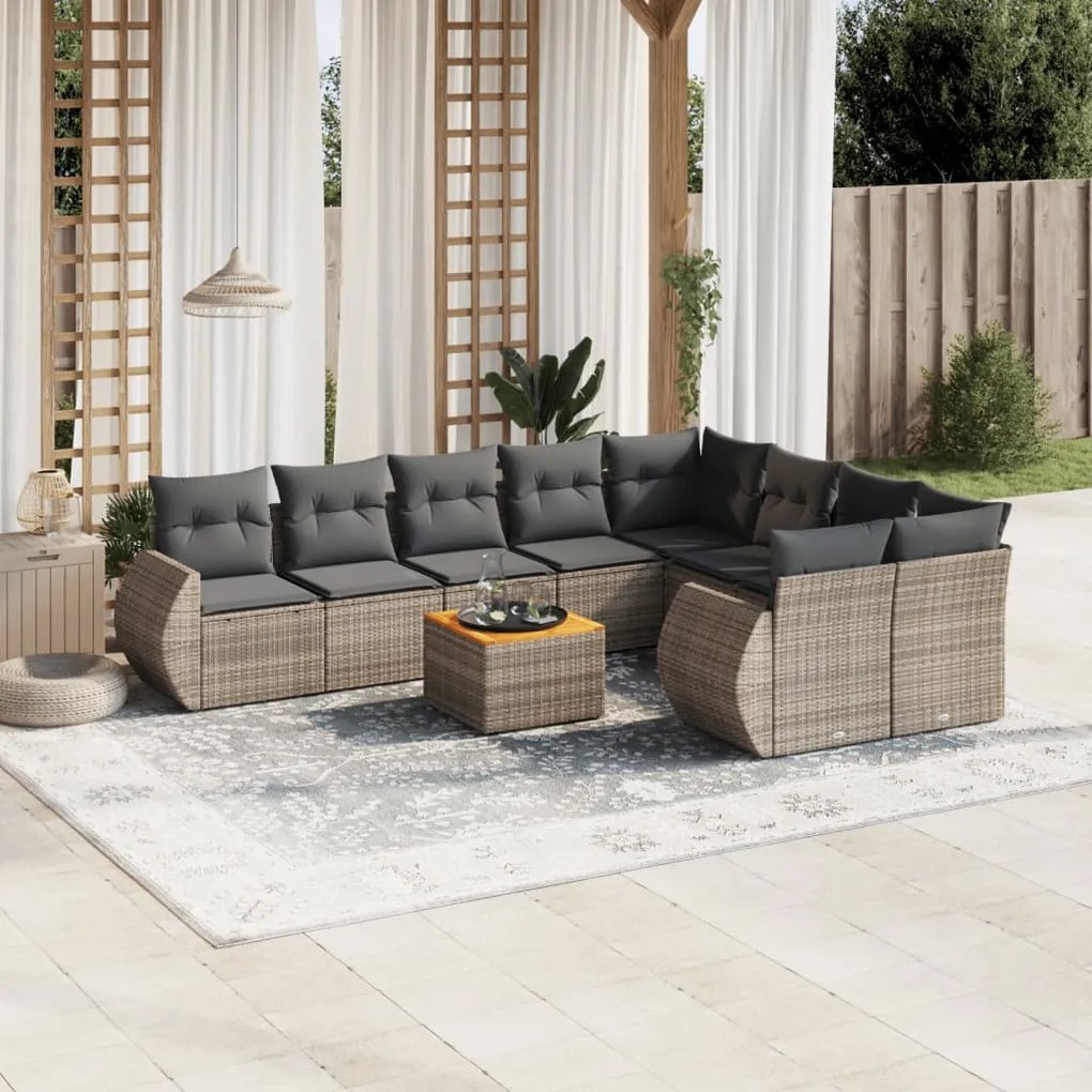 10 pcs conjunto sofás de jardim c/ almofadões vime PE cinzento