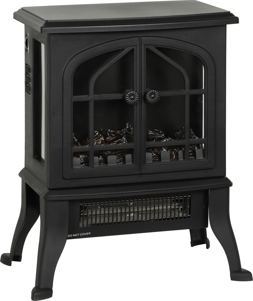 HOMCOM Lareira Elétrica 900/1800W com Efeito Chama 3D 2 Níveis de Potência Termóstato Ajustável para 15-30 ㎡ 39x24x48 cm Preto | Aosom Portugal