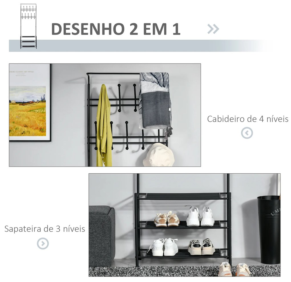 HOMCOM Móvel Cabide de Entrada com 18 Ganchos e Sapateira Armário de Entrada com Cabide com 3 Prateleiras 67x30x185 cm Preto