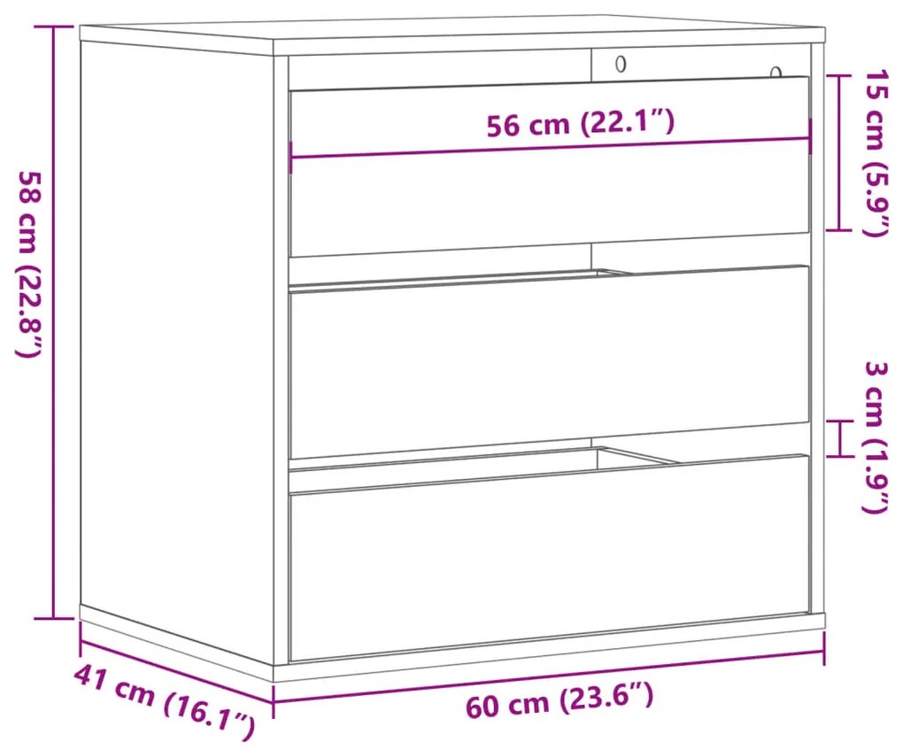 Cómoda com 3 Gavetas - 60x41x58 cm - derivados de madeira - madeira rú