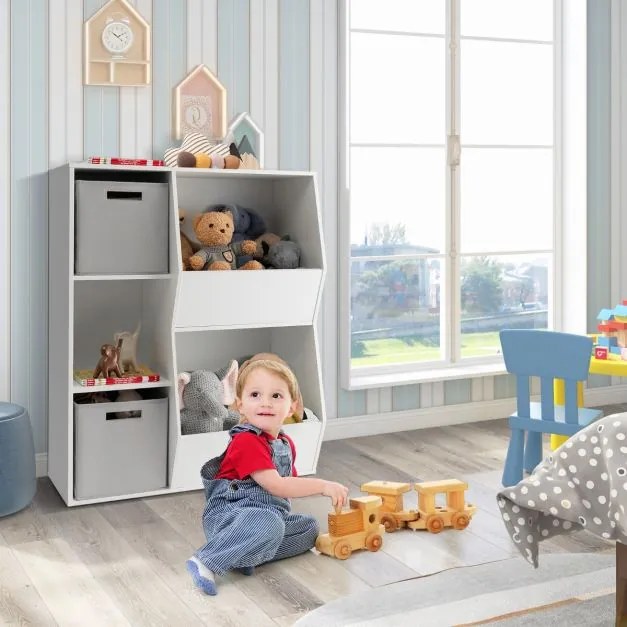 Estante infantil de 5 cubículos com 2 recipientes de tecido Estante de arrumação com compartimentos abertos para quarto de bebé Branco