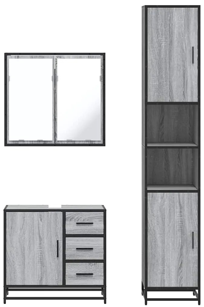 3 pcs Conjunto móveis casa de banho madeira proc. cinza sonoma
